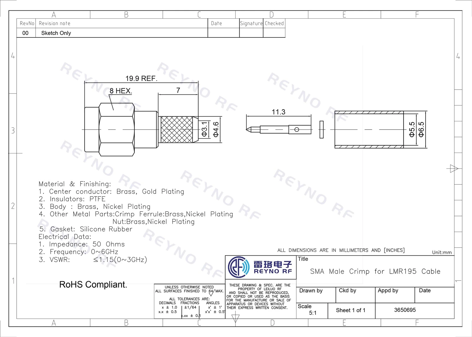 SMA Male Crimp for LMR195 Cable SMA Male Crimp for LMR195 Cable