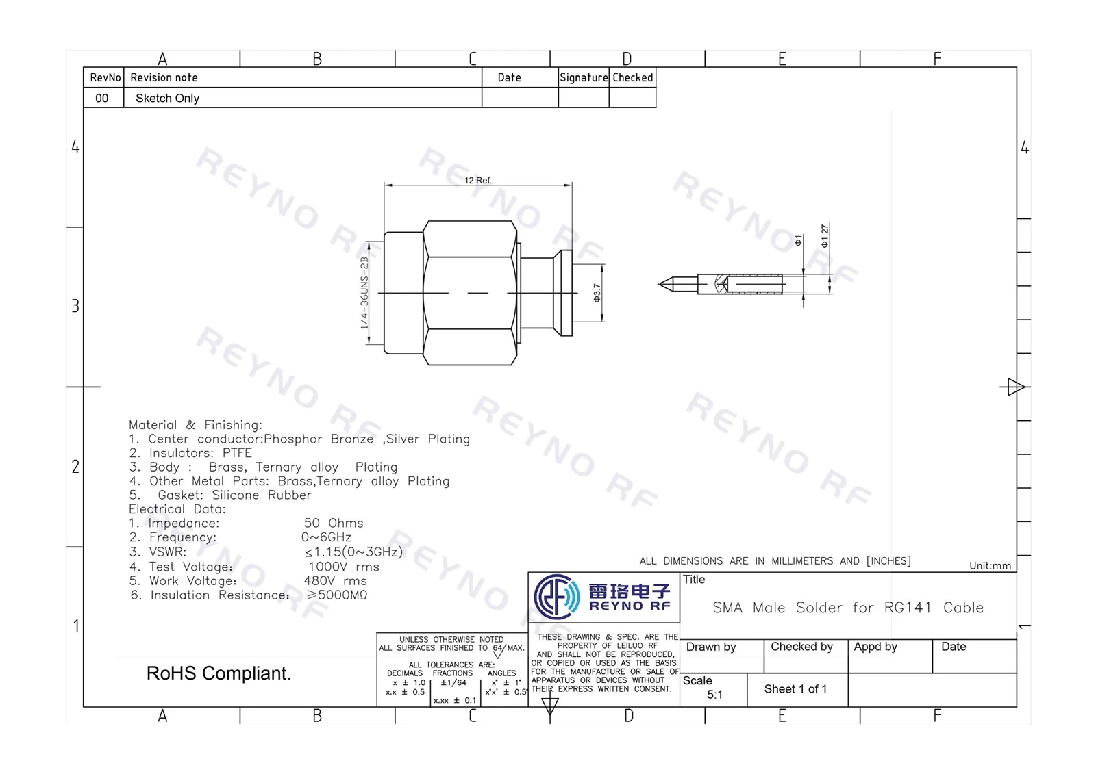 SMA Male Solder for RG141 Cable- SMA Male Solder for RG141 Cable-