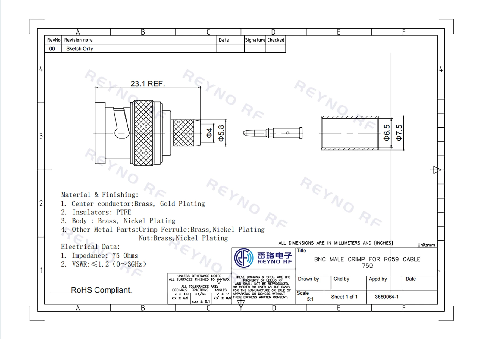 BNC MALE CRIMP FOR RG59 CABLE 75Ohm BNC MALE CRIMP FOR RG59 CABLE 75Ohm