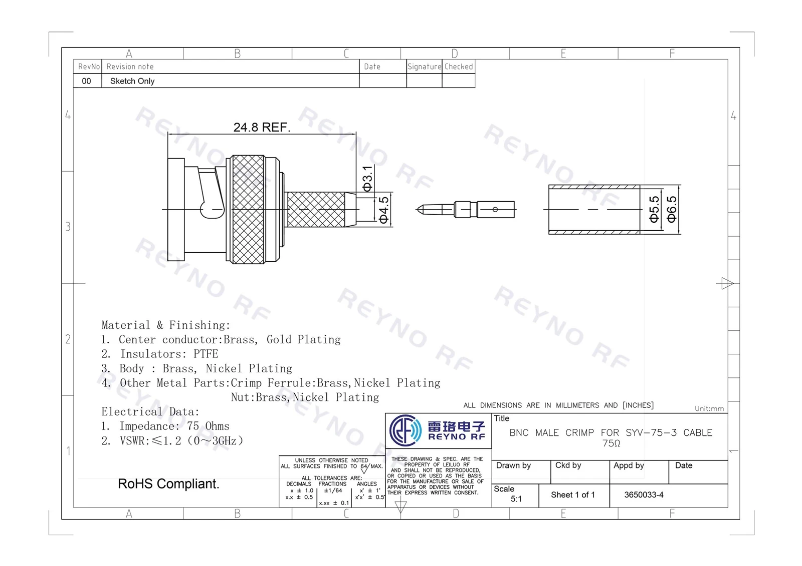 BNC MALE CRIMP FOR SYV-75-3 CABLE 75Ω BNC MALE CRIMP FOR SYV-75-3 CABLE 75Ω
