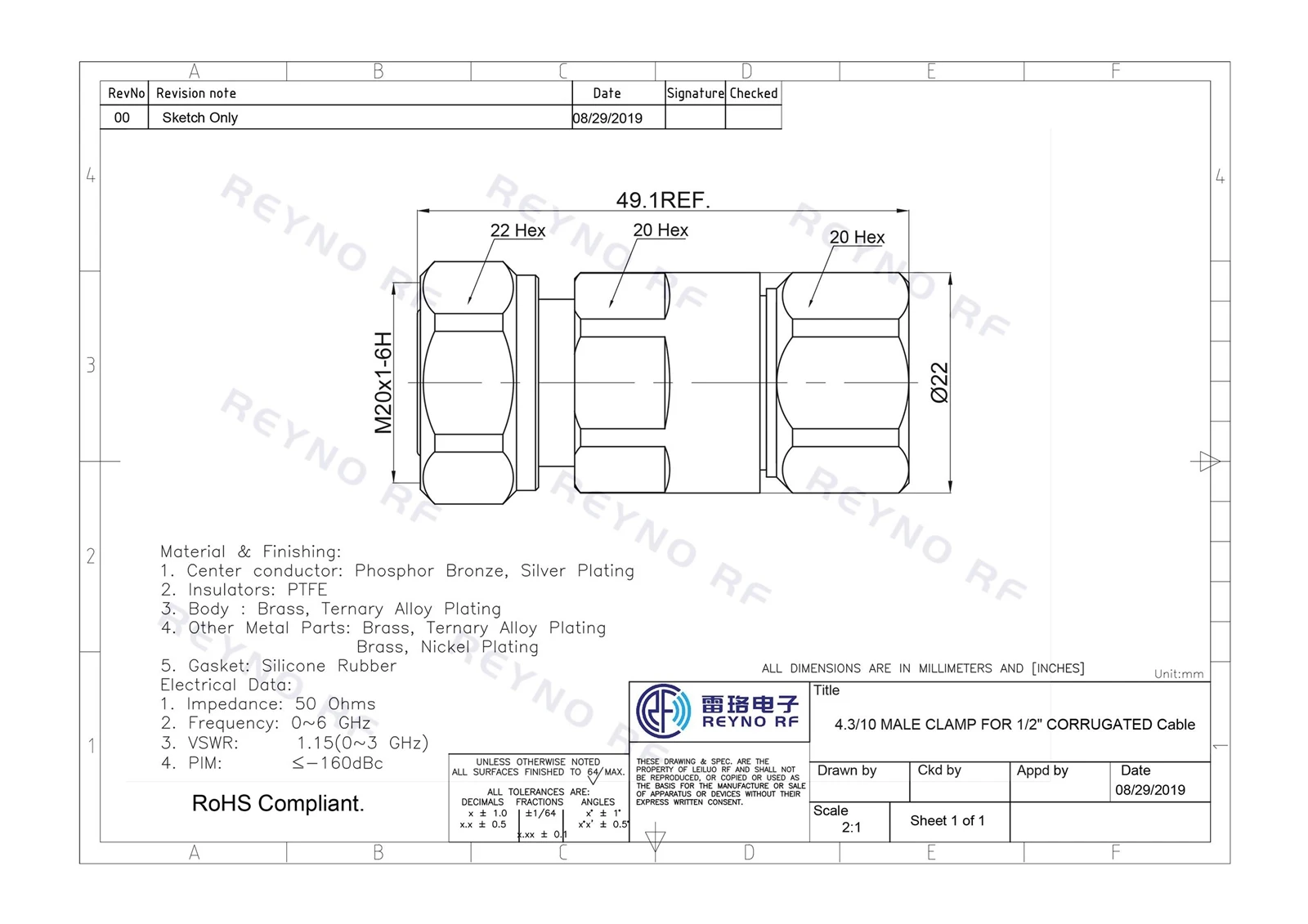4.3-10 MALE CLAMP FOR 1-2 CORRUGATED Cable- 4.3-10 MALE CLAMP FOR 1-2 CORRUGATED Cable-