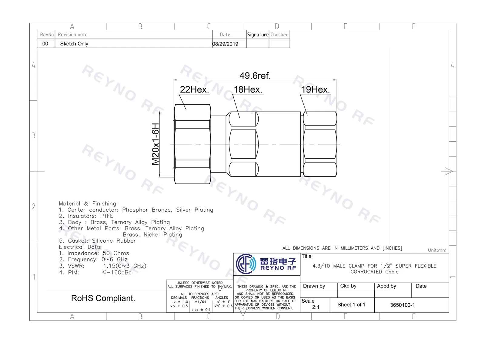 4.3-10 MALE CLAMP FOR 1-2 S CABLE- 4.3-10 MALE CLAMP FOR 1-2 S CABLE-