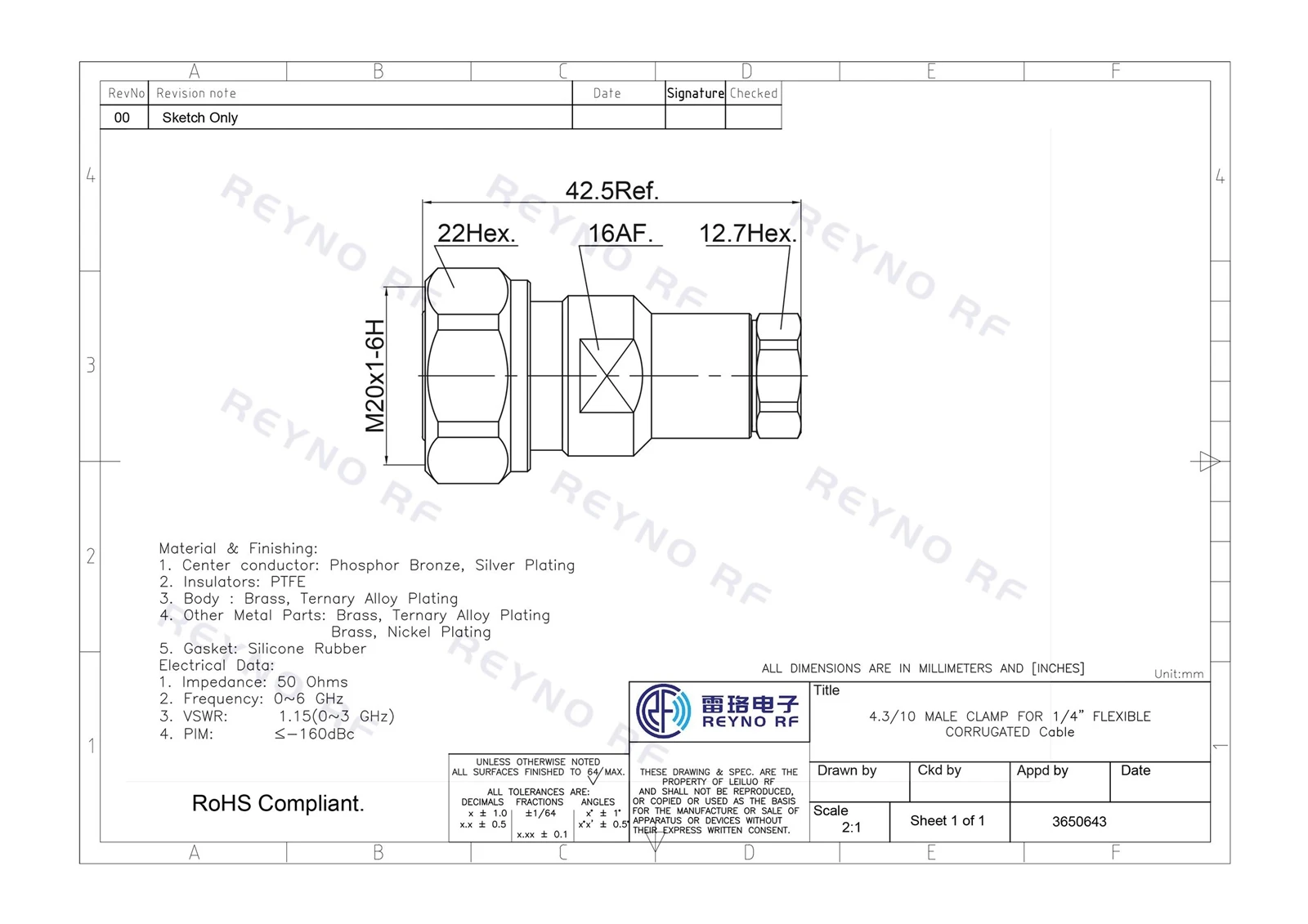 4.3-10 MALE CLAMP FOR 1-4 CABLE- 4.3-10 MALE CLAMP FOR 1-4 CABLE-