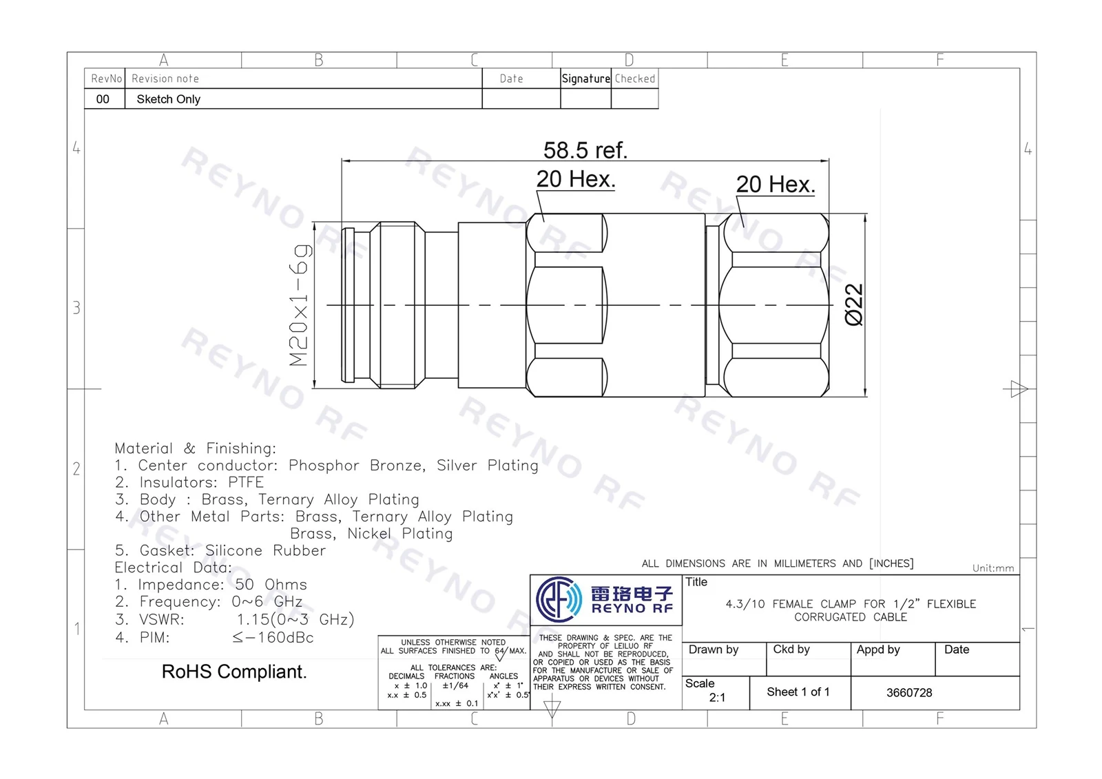 4.3-10 FEMALE CLAMP FOR 1-2 CABLE- 4.3-10 FEMALE CLAMP FOR 1-2 CABLE-
