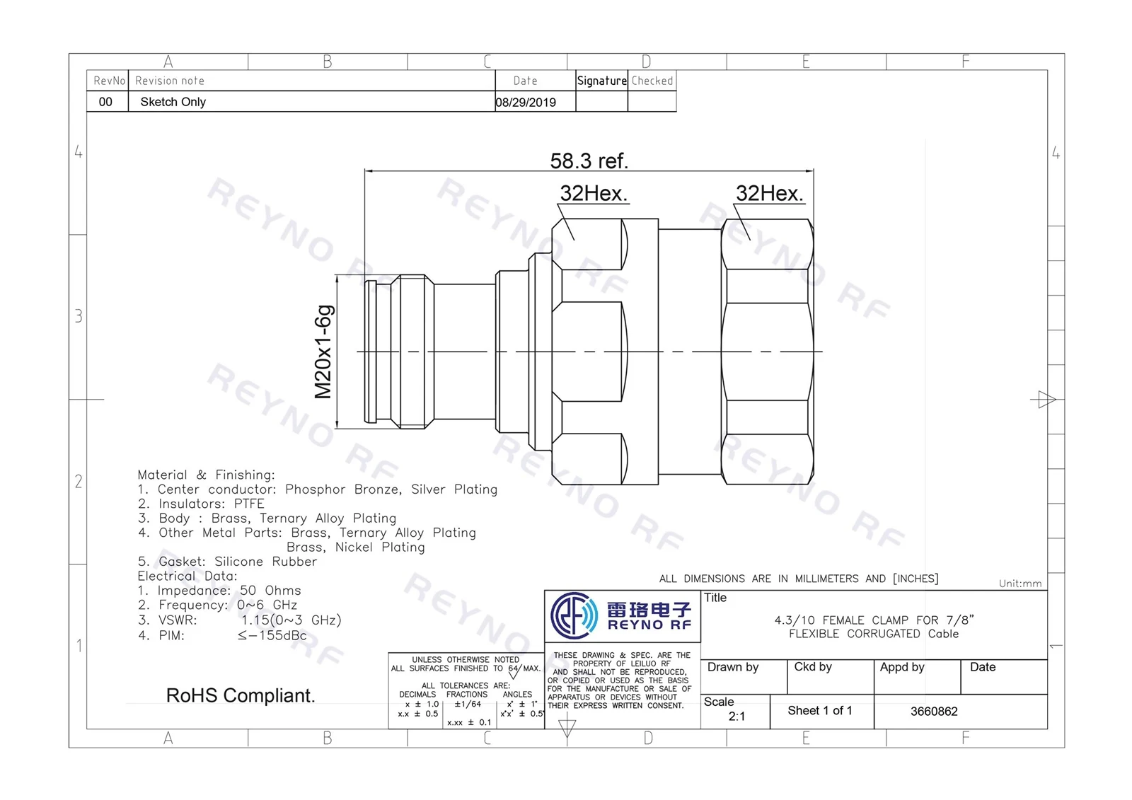 4.3-10 FEMALE CLAMP FOR 7-8 Cable- 4.3-10 FEMALE CLAMP FOR 7-8 Cable-