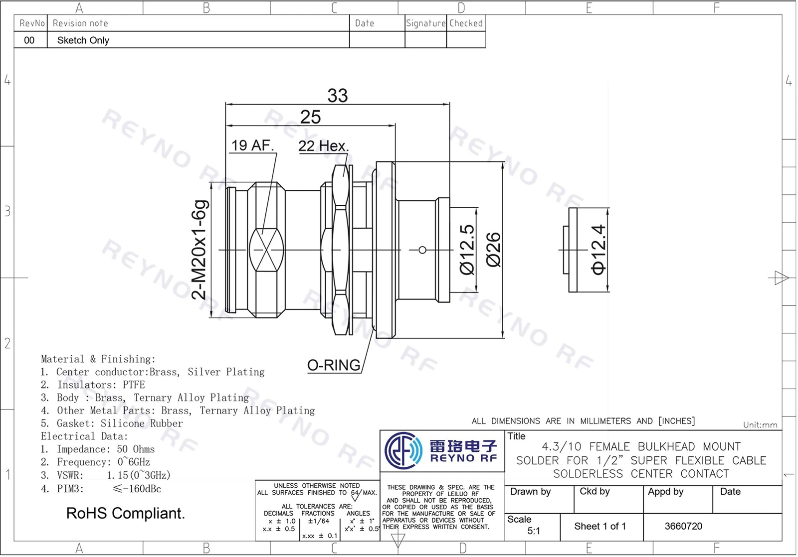 4.3-10 FEMALE BULKHEAD MOUNT SOLDER FOR 1-2S CABLE 4.3-10 FEMALE BULKHEAD MOUNT SOLDER FOR 1-2S CABLE