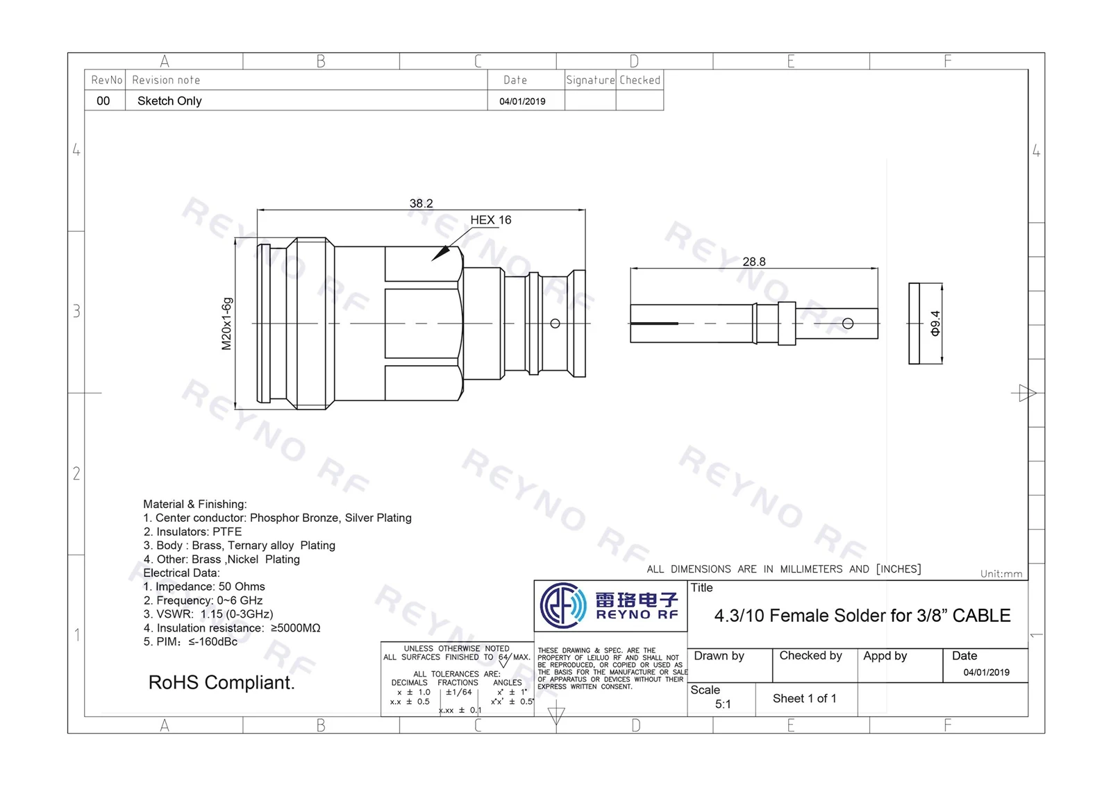4.3-10 Female Solder for 3-8 4.3-10 Female Solder for 3-8