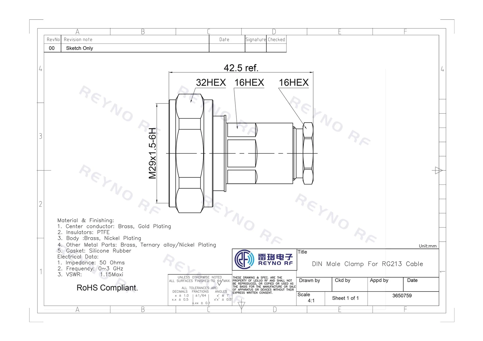 DIN Male Clamp For RG213 Cable- DIN Male Clamp For RG213 Cable-